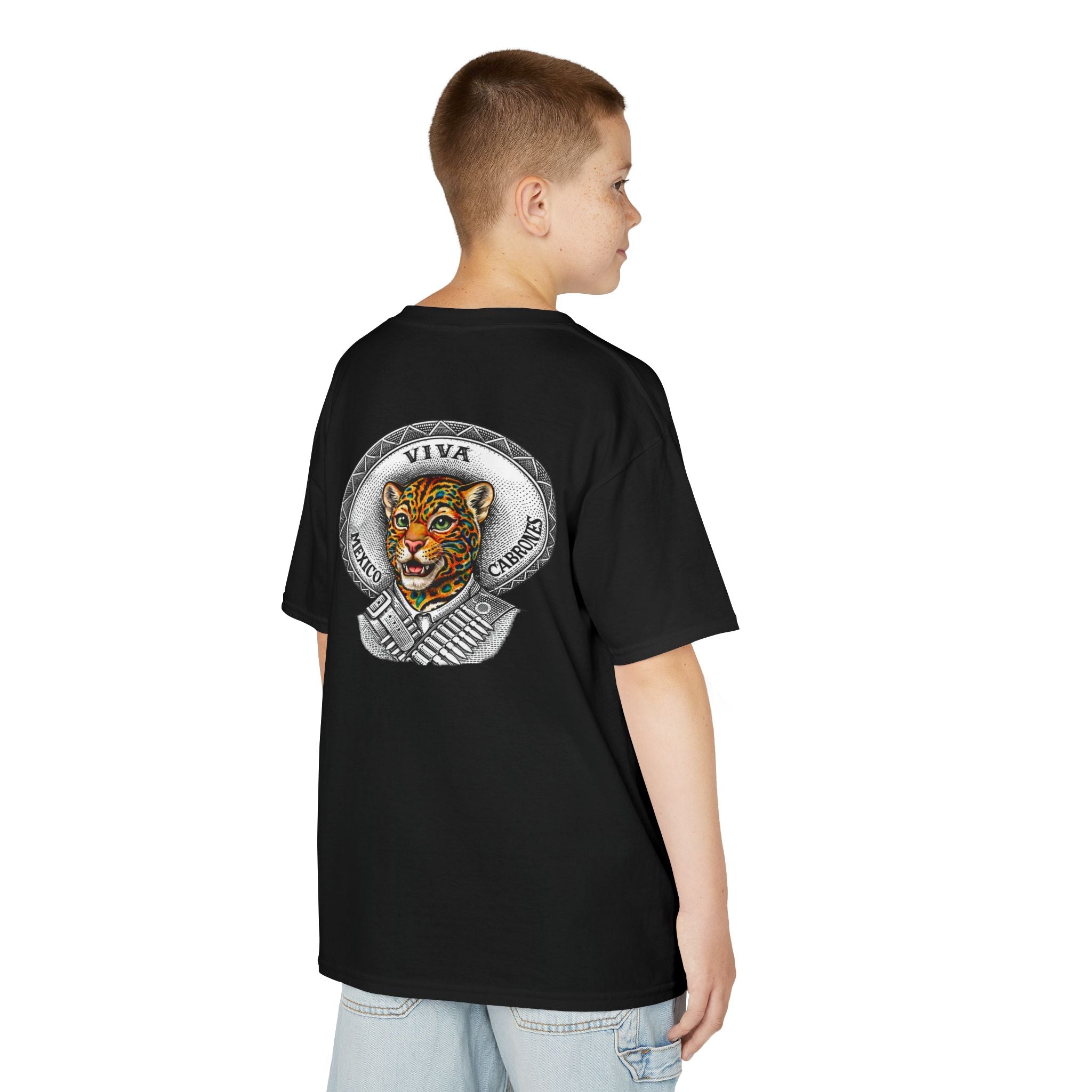 Kids "VMC" Viva Mexico Cabrones Sombrero Jag | Back - Print Fitted Cultural Graphic Tee - Jaguar Sol