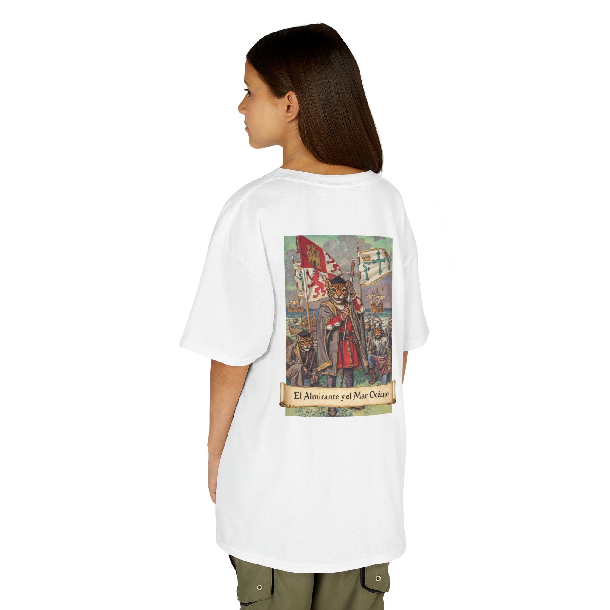 Kids "El Almirante y el Mar Océano" Cristóbal Colón | Back - Print Fitted Cultural Graphic Tee - Jaguar Sol