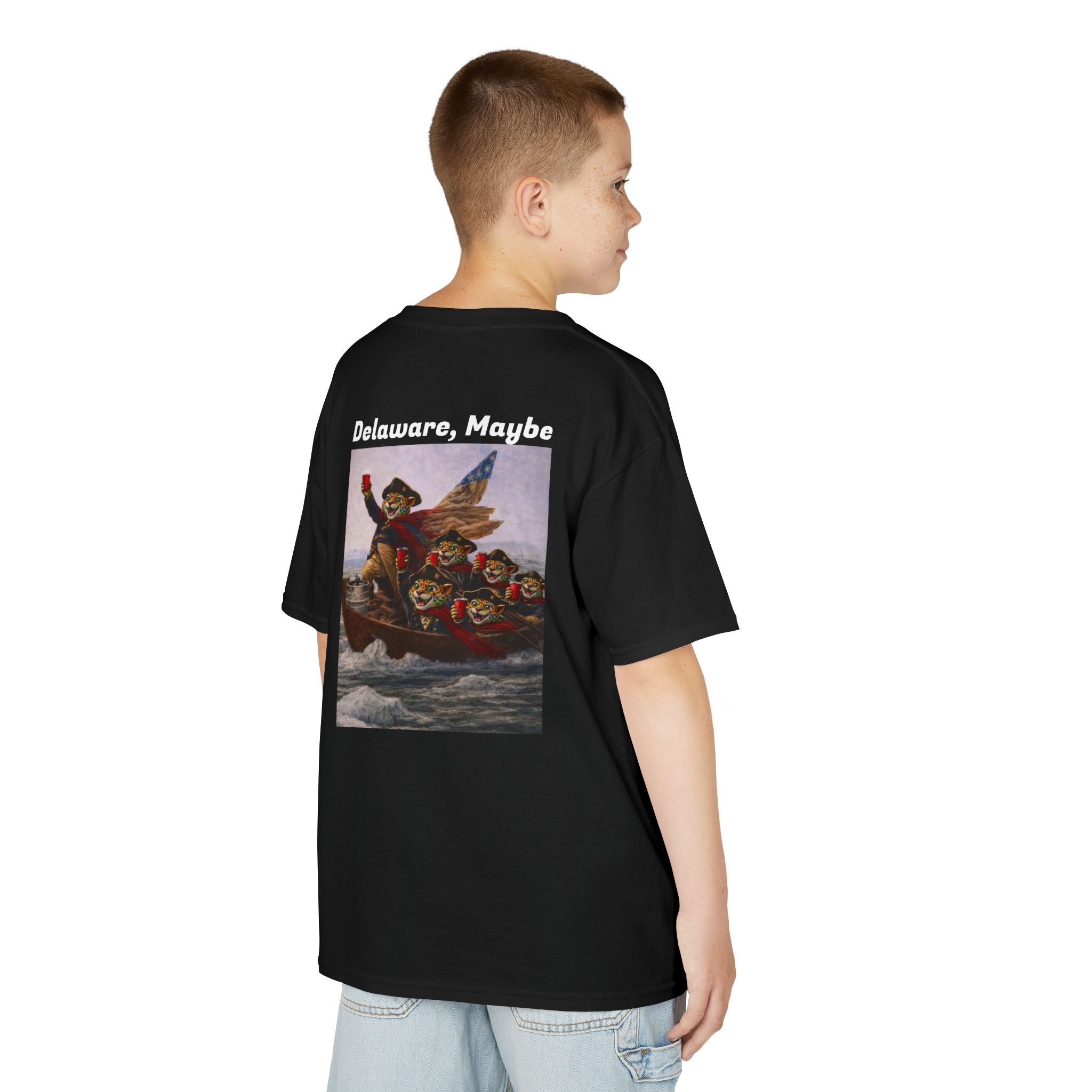Kids "Delaware, Maybe" George Washington River Crossing | Back - Print Fitted Cultural Graphic Tee - Jaguar Sol