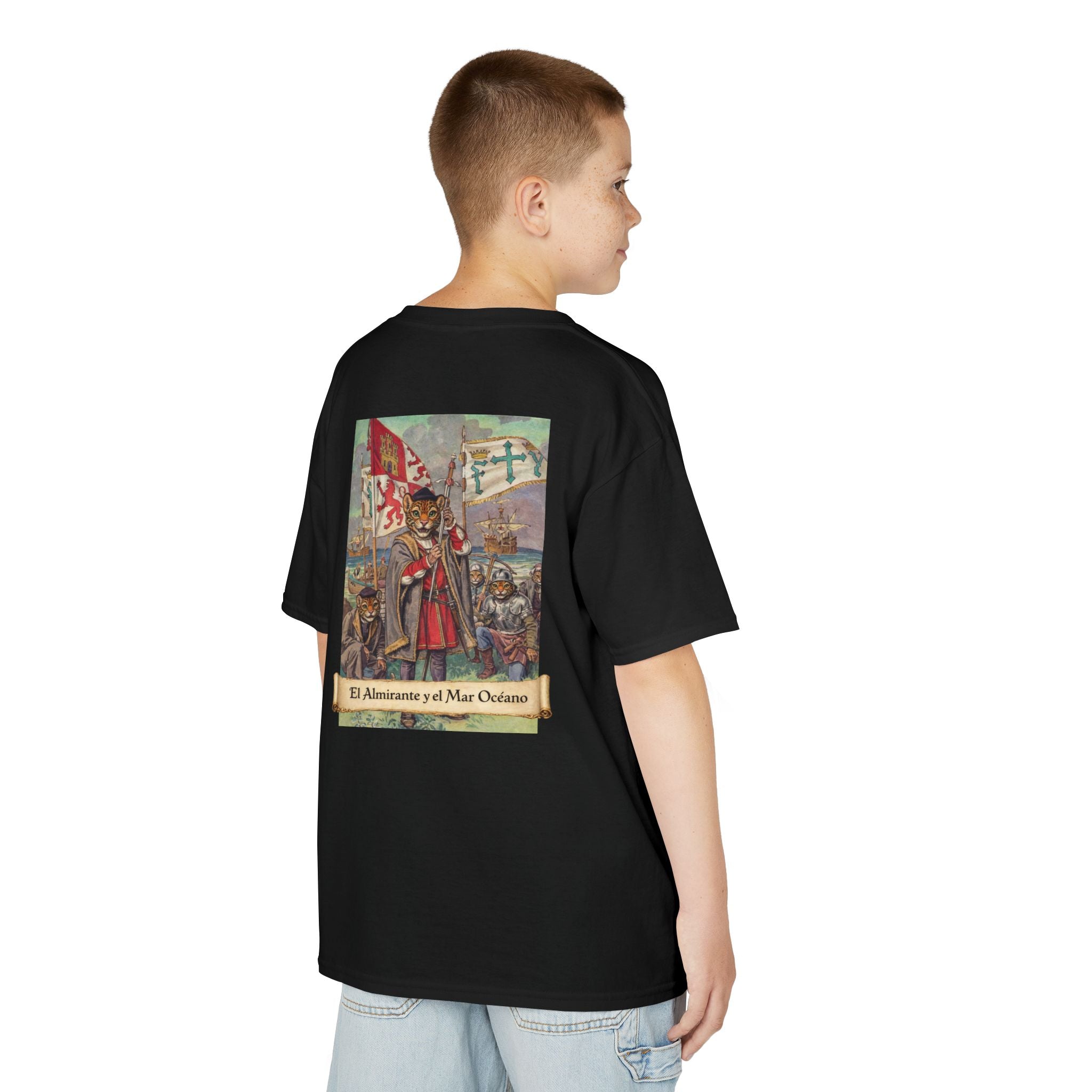 Kids "El Almirante y el Mar Océano" Cristóbal Colón | Back - Print Fitted Cultural Graphic Tee - Jaguar Sol