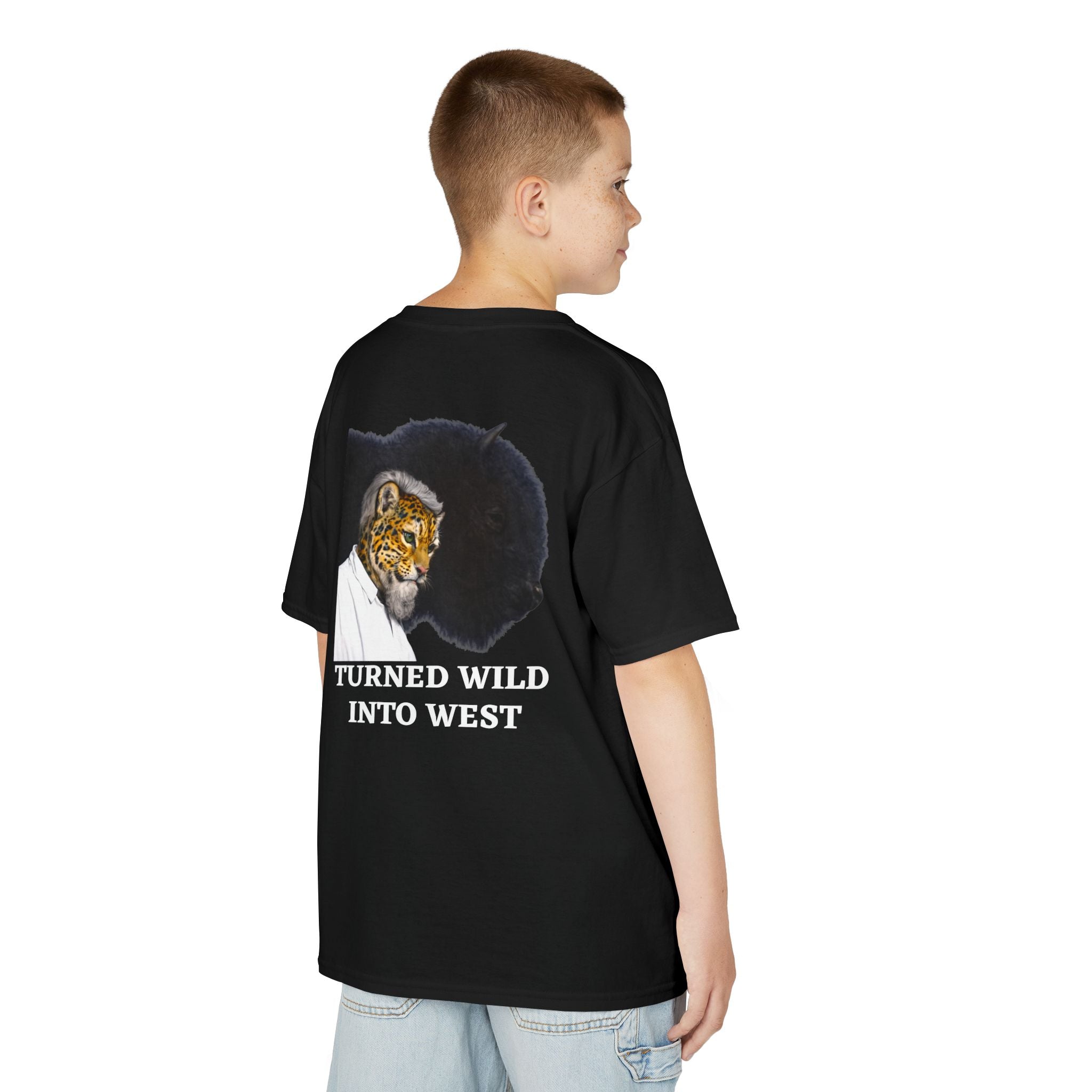 Kids "Turned Wild Into West" Charles Goodnight | Back - Print Fitted Cultural Graphic Tee - Jaguar Sol