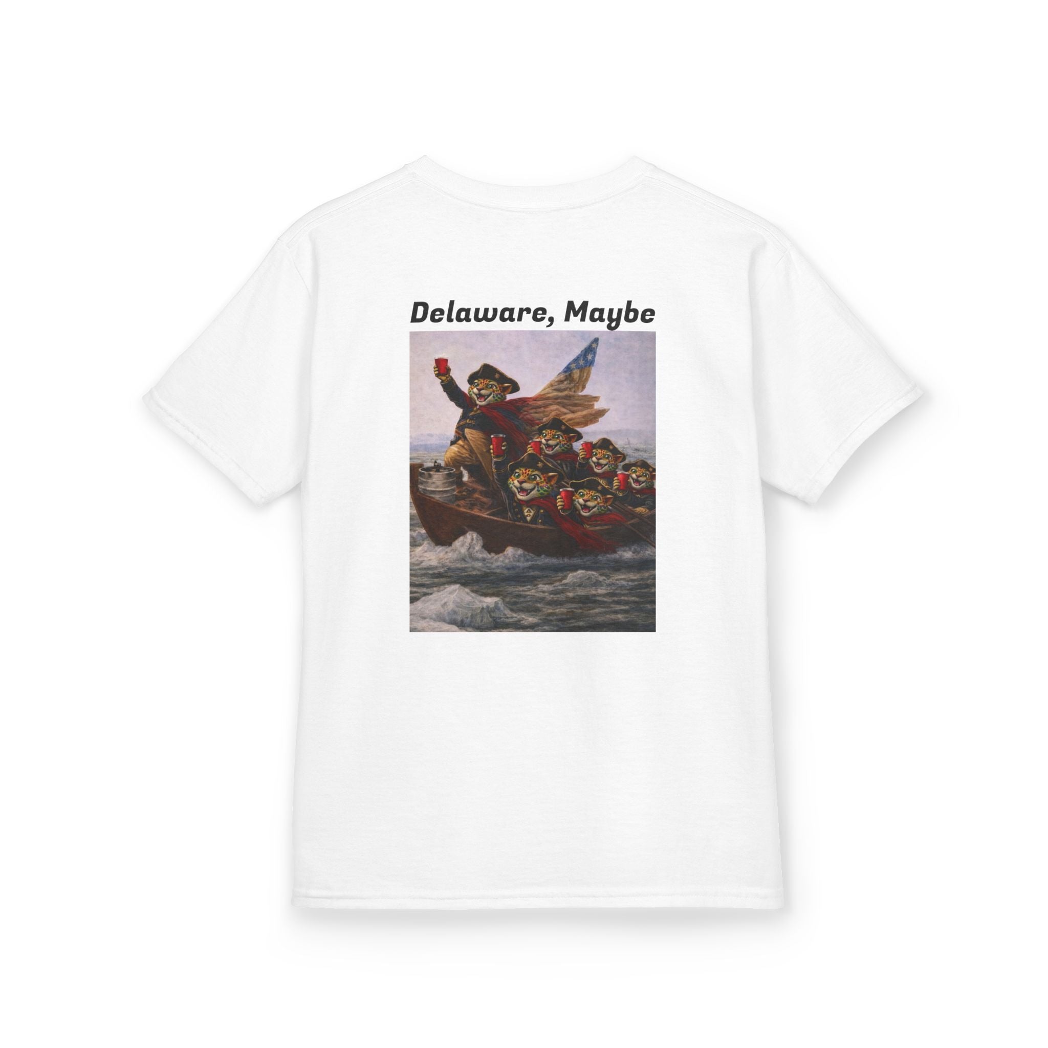 Kids "Delaware, Maybe" George Washington River Crossing | Back - Print Fitted Cultural Graphic Tee - Jaguar Sol