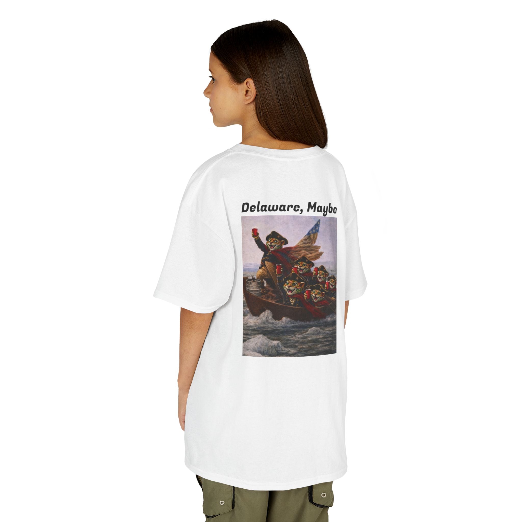 Kids "Delaware, Maybe" George Washington River Crossing | Back - Print Fitted Cultural Graphic Tee - Jaguar Sol