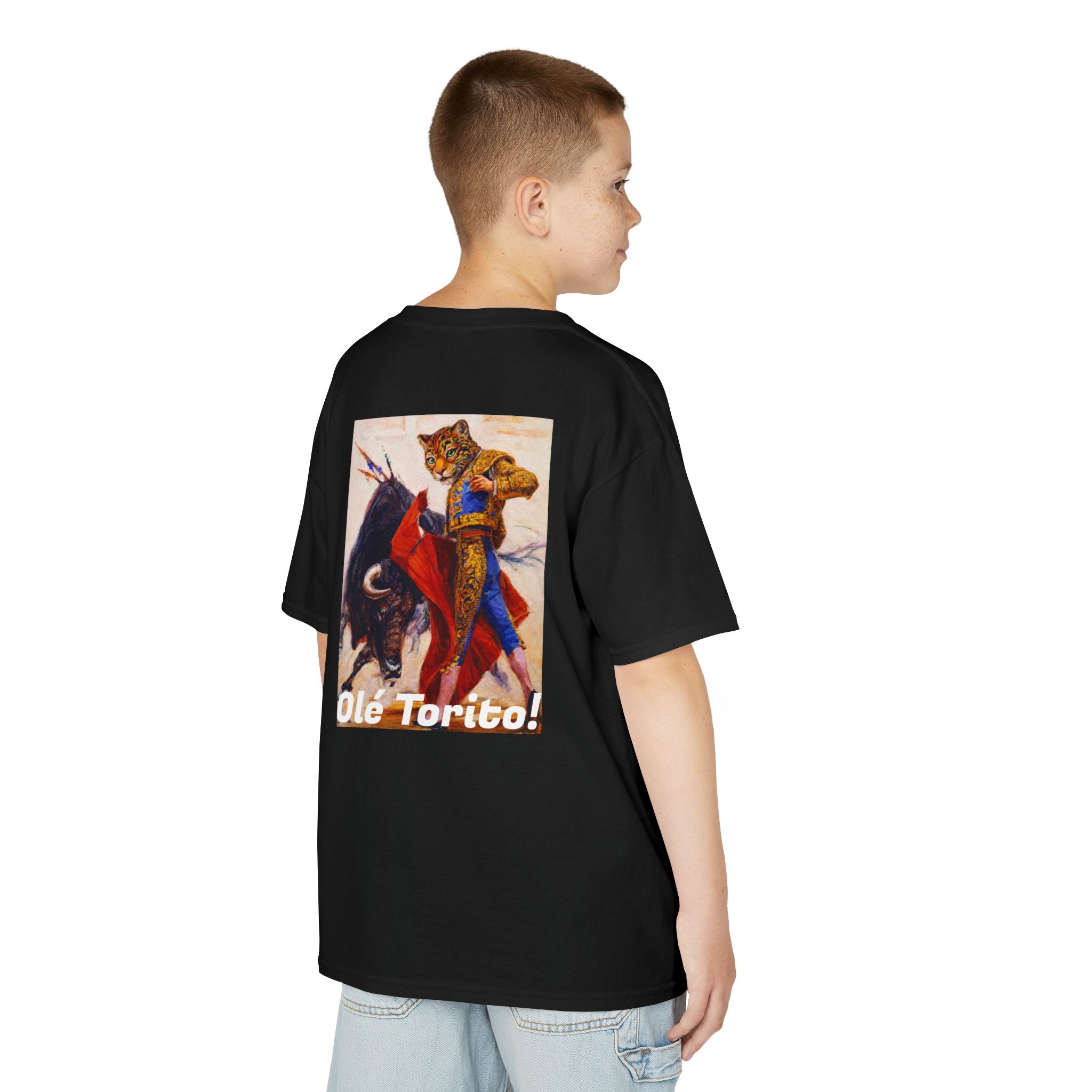 Kids "Olé Torito!" Bullfighter Jaguar | Back - Print Fitted Cultural Graphic Tee - Jaguar Sol