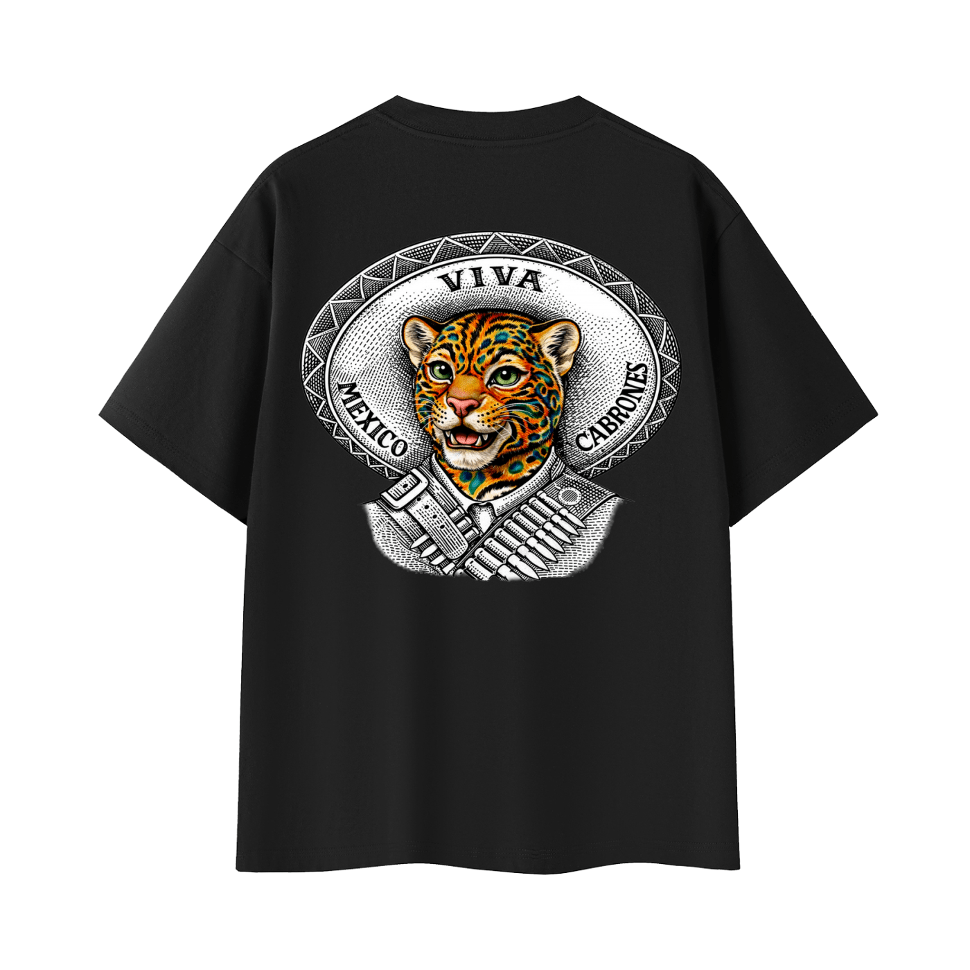 Viva Mexico Cabrones ‘VMC’ Sombrero | Back - Print Fitted Cultural Graphic Tee - Jaguar Sol