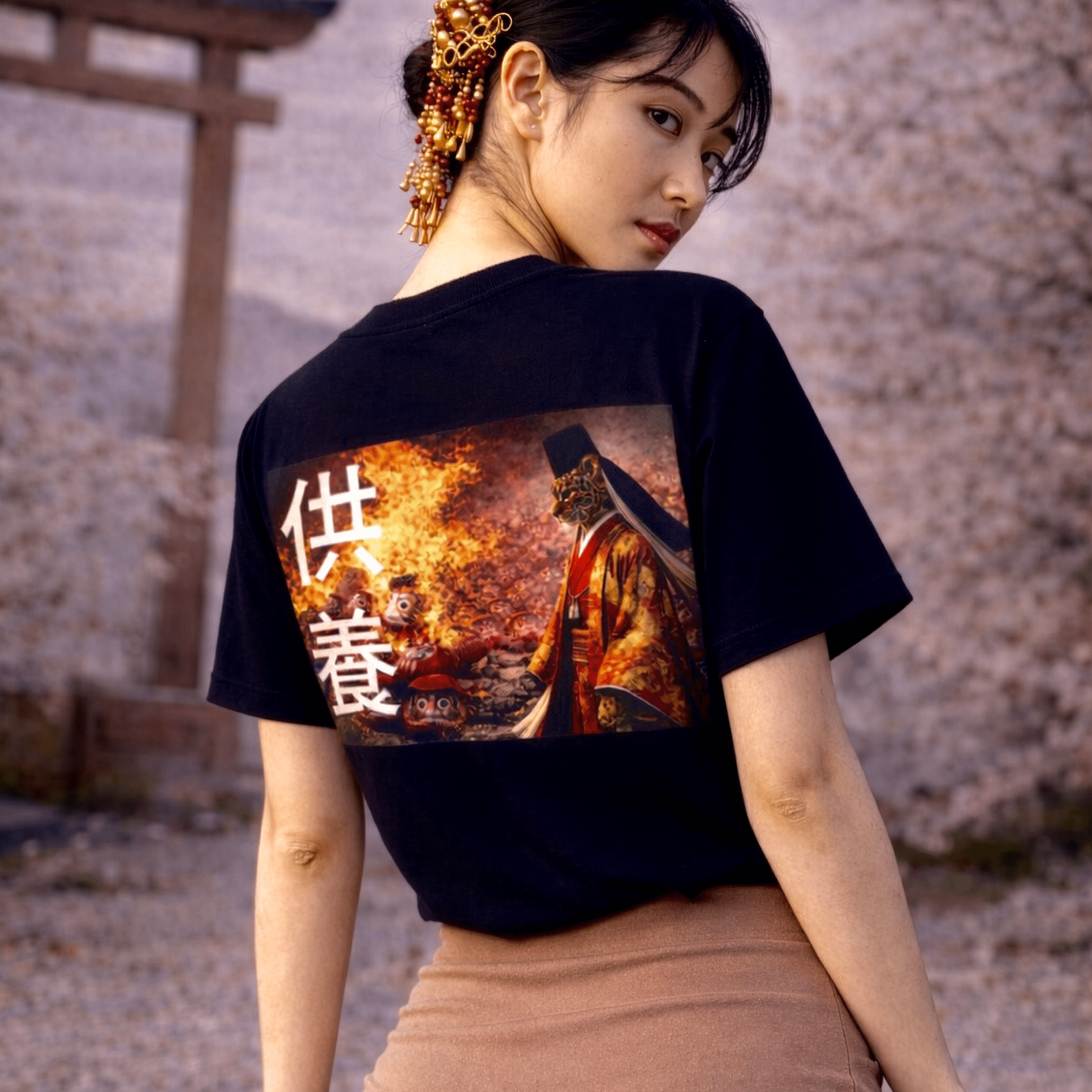 Daruma Japan Fire Ritual | Back - Print Graphic Tee - Jaguar Sol