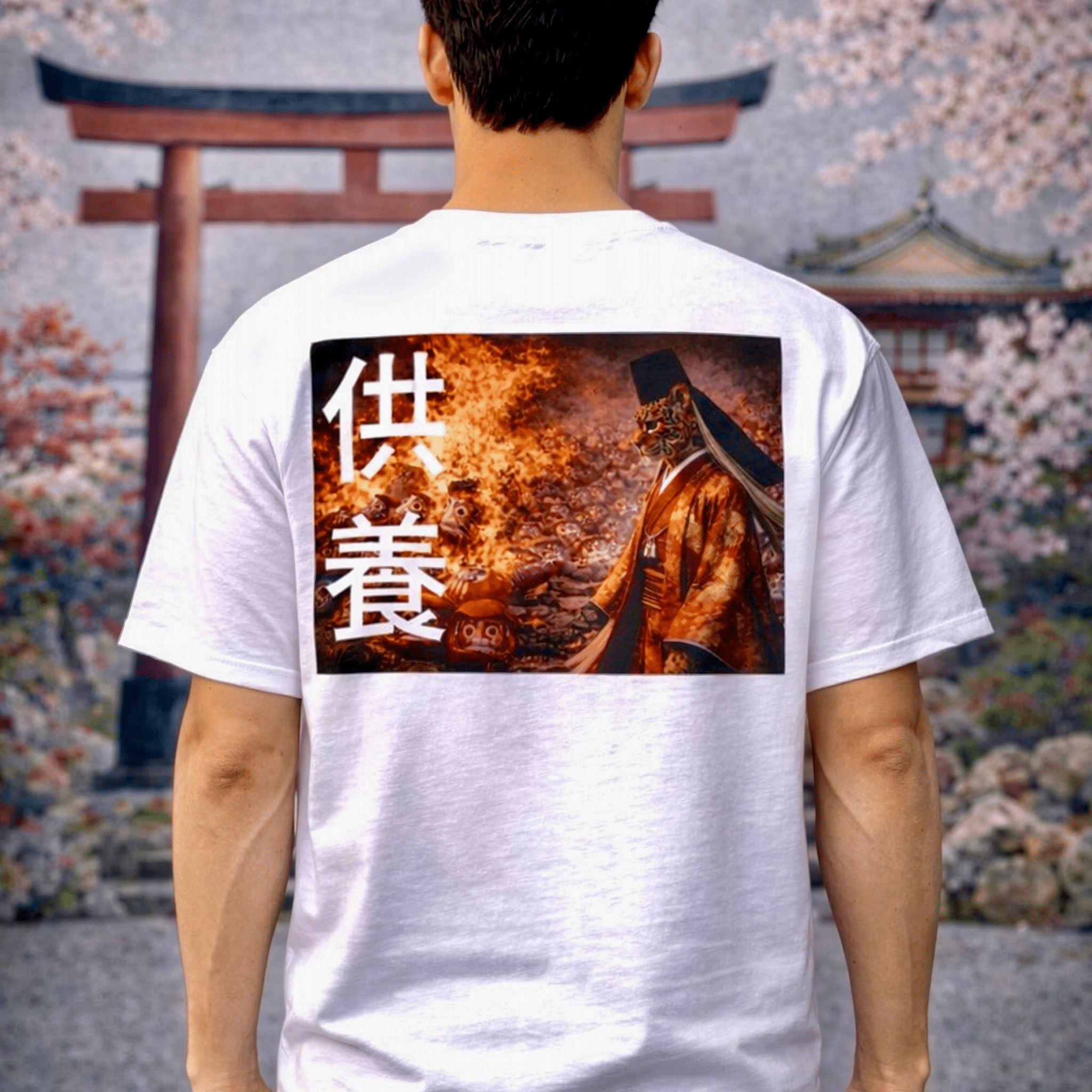 Daruma Japan Fire Ritual | Back - Print Graphic Tee - Jaguar Sol