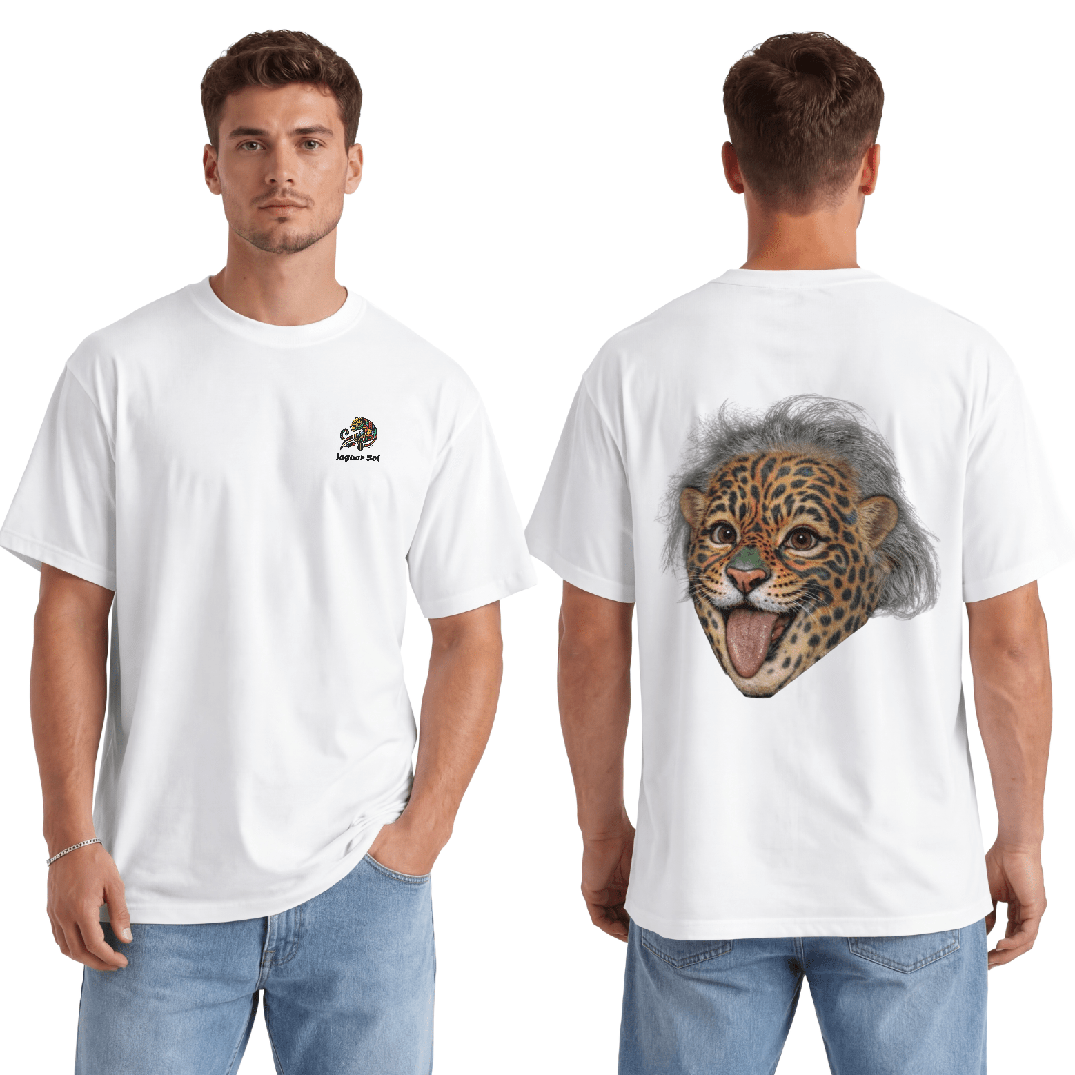 Albert Einstein Iconic Jaguar Portrait | Back - Print Fitted Cultural Graphic Tee - Jaguar Sol