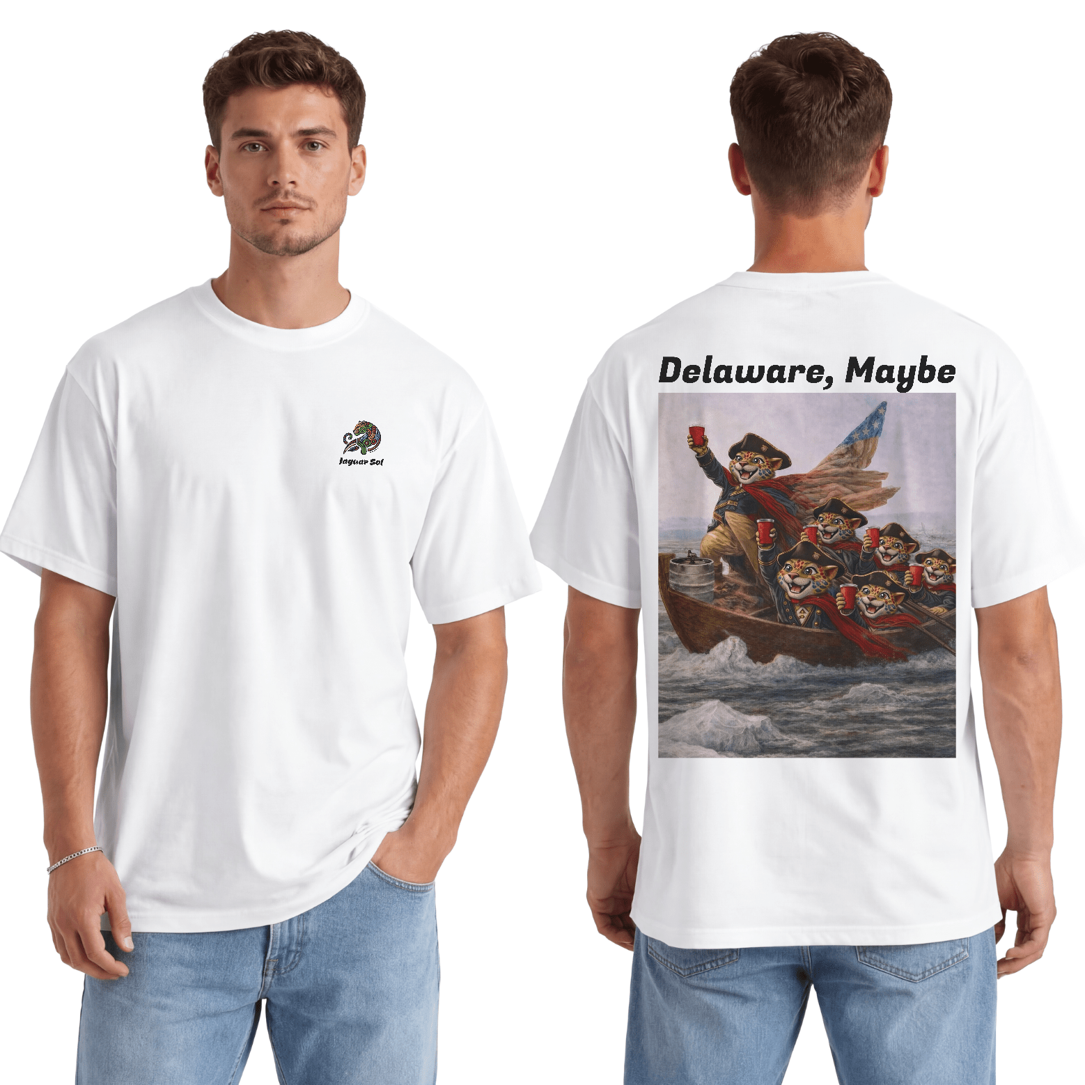 'Delaware, Maybe' George Washington River Crossing | Back - Print Fitted Cultural Graphic Tee - Jaguar Sol