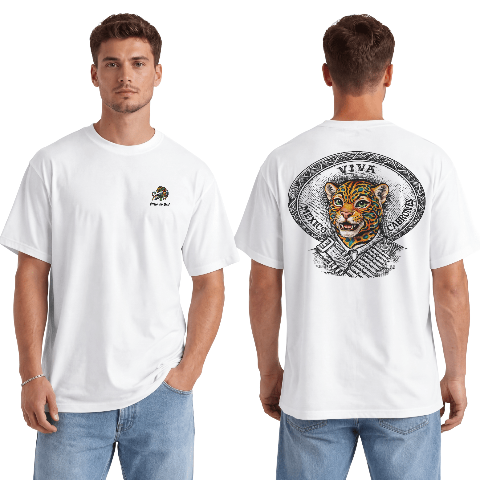 Viva Mexico Cabrones ‘VMC’ Sombrero | Back - Print Fitted Cultural Graphic Tee - Jaguar Sol