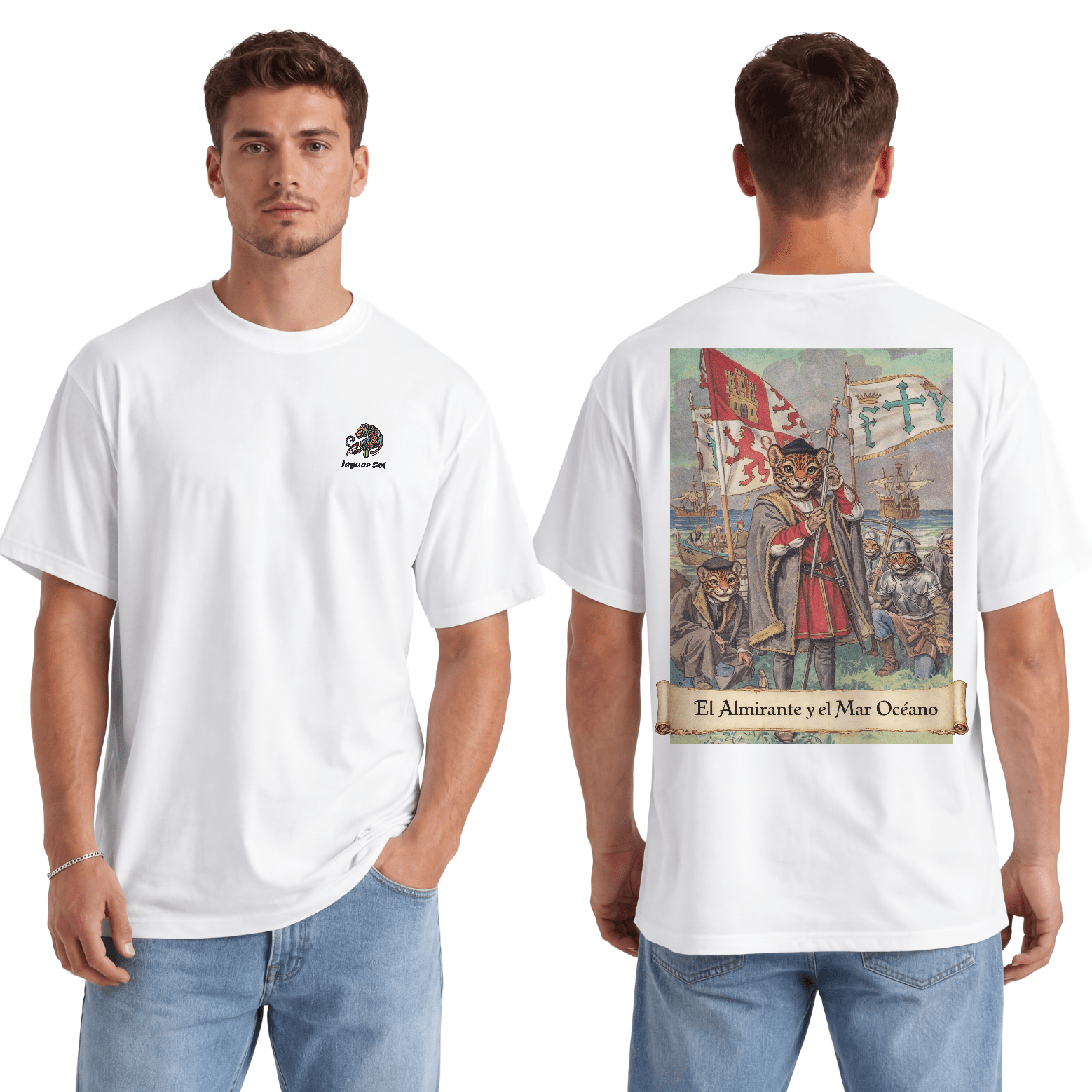 'El Almirante y el Mar Océano' Cristóbal Colón | Back - Print Fitted Cultural Graphic Tee - Jaguar Sol