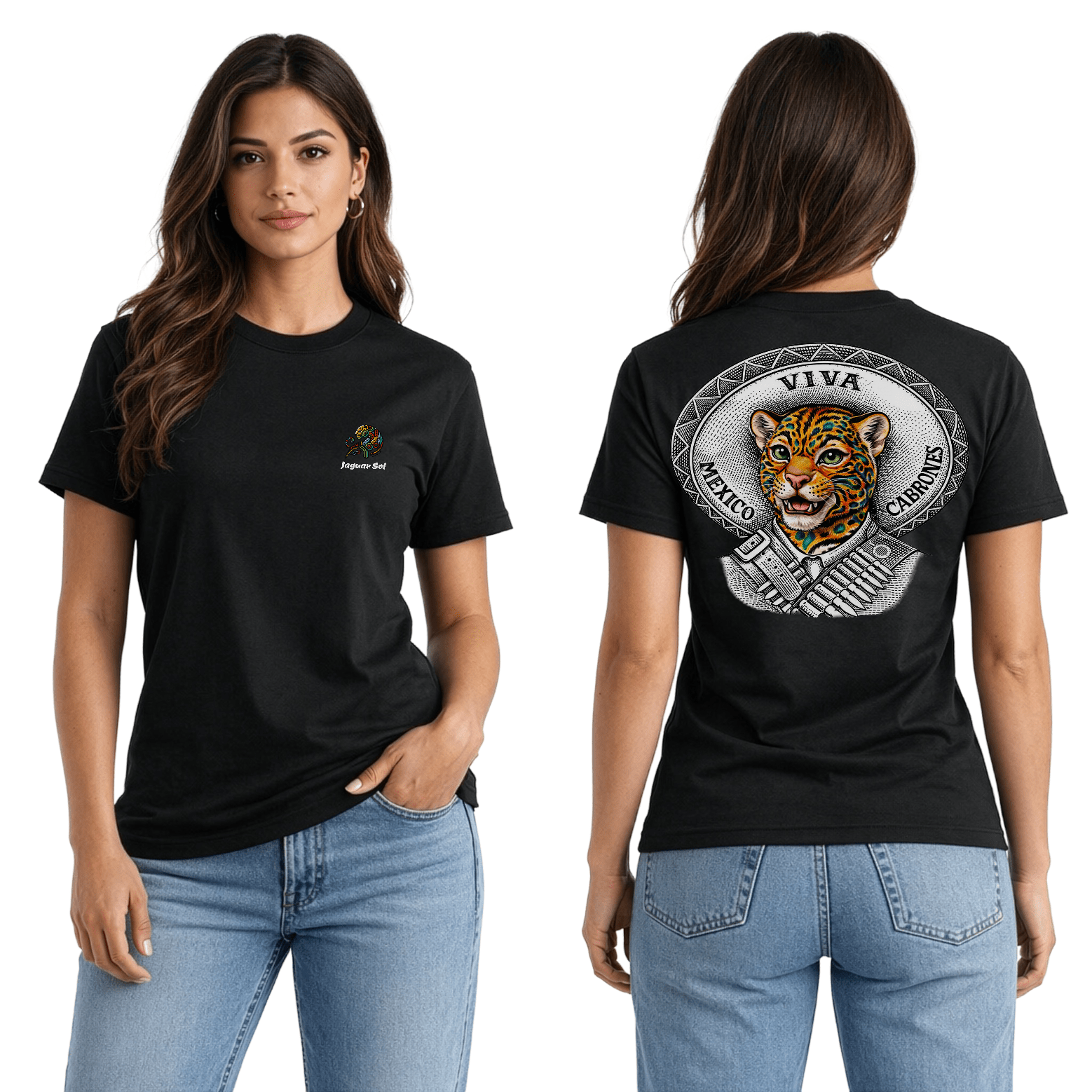 Viva Mexico Cabrones ‘VMC’ Sombrero | Back - Print Fitted Cultural Graphic Tee - Jaguar Sol