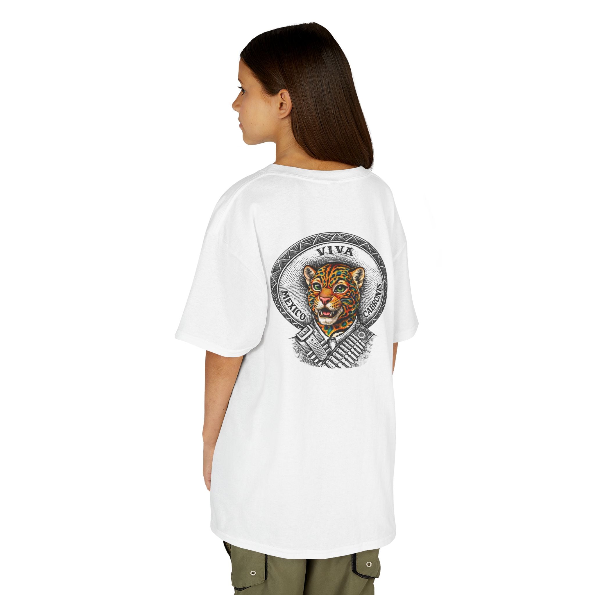 Kids "VMC" Viva Mexico Cabrones Sombrero Jag | Back - Print Fitted Cultural Graphic Tee - Jaguar Sol