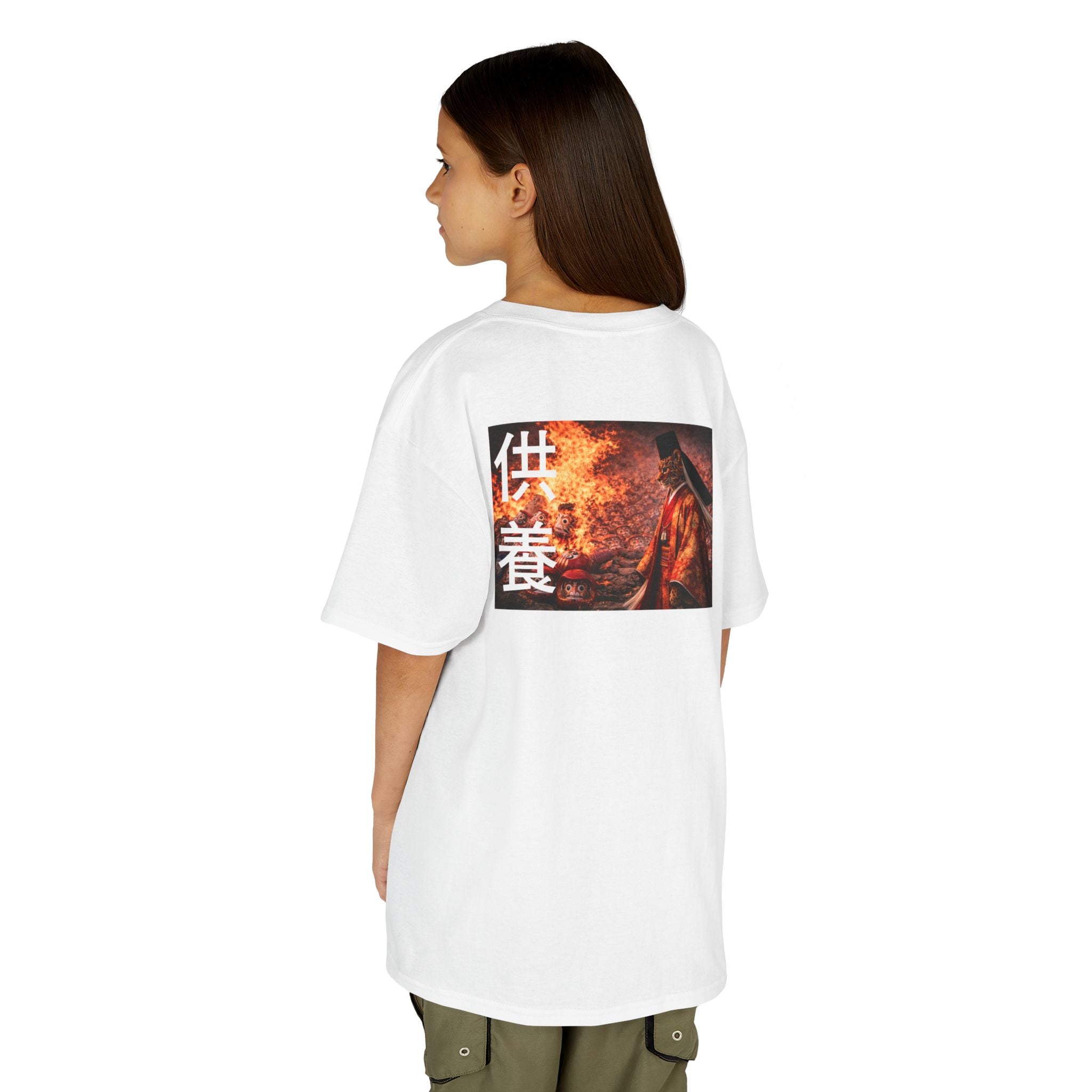 Kids Daruma Japan Fire Ritual | Back - Print Fitted Cultural Graphic Tee - Jaguar Sol