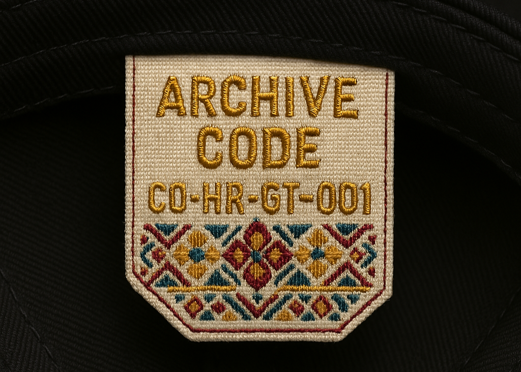 Embroidered tag with 'Archive Code' text and decorative pattern on a dark hat background.