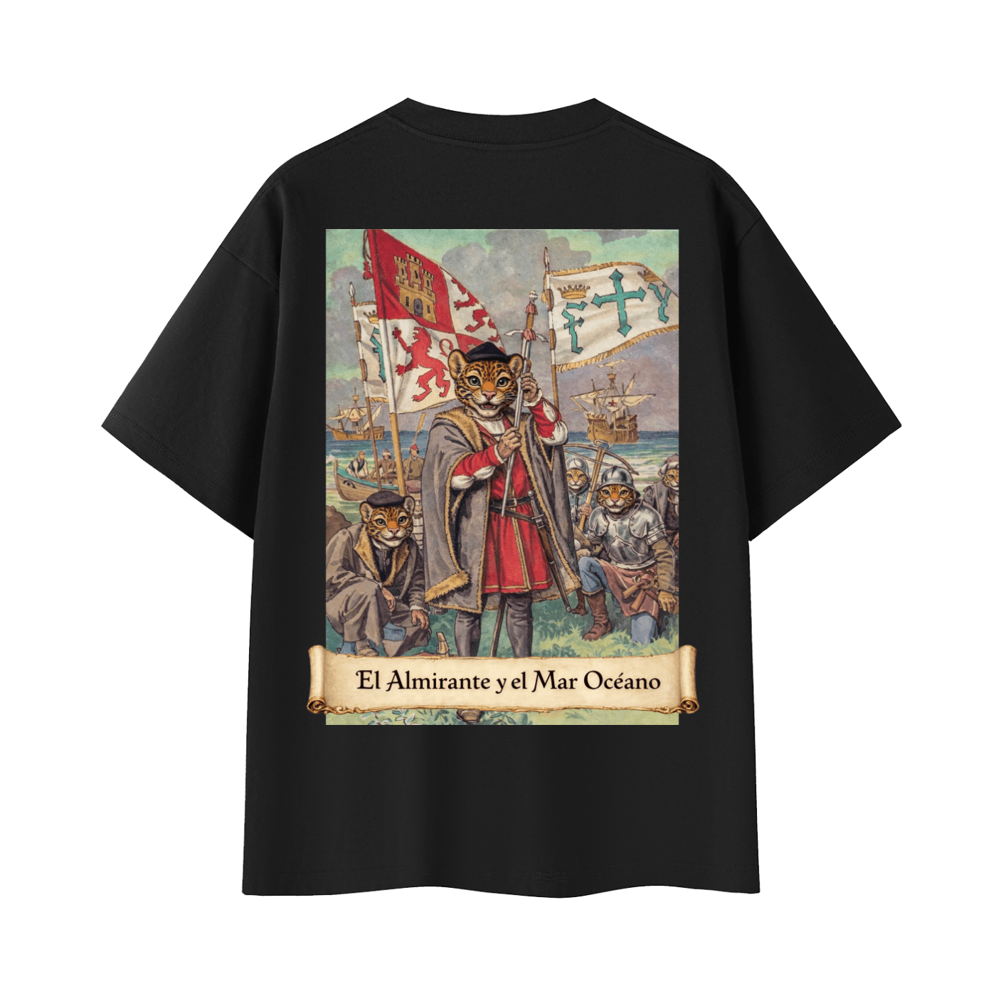 'El Almirante y el Mar Océano' Cristóbal Colón | Back - Print Fitted Cultural Graphic Tee - Jaguar Sol