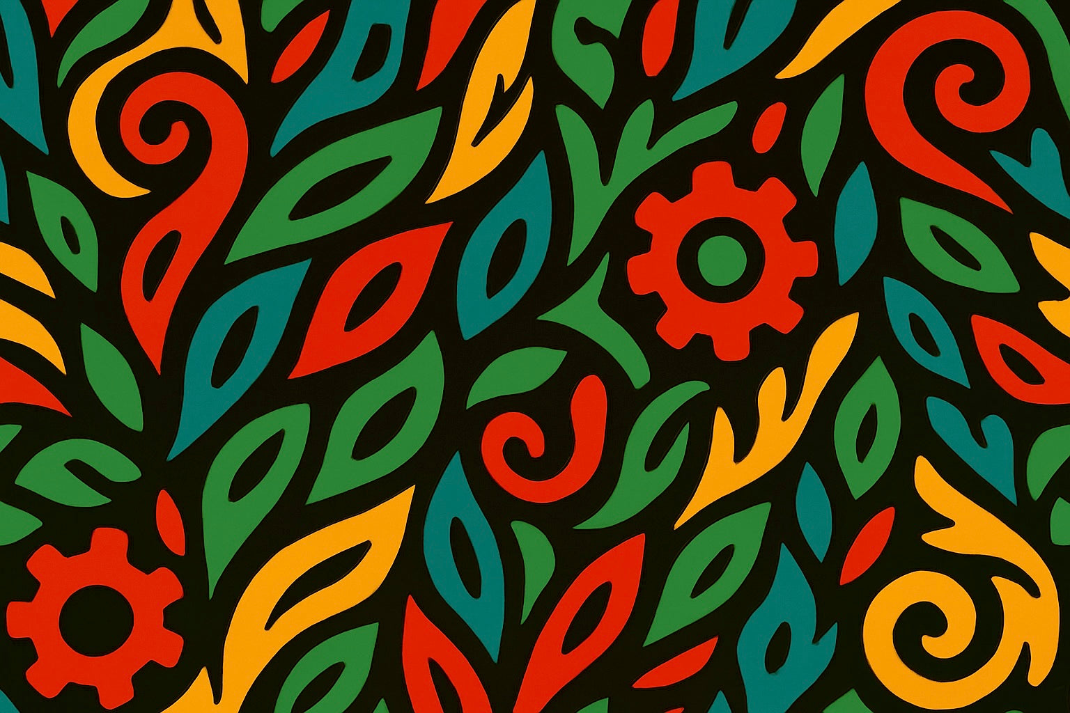 Colorful Jaguar Sol Original abstract pattern with blue, green, yellow, and blue swirls and leaves on a black background