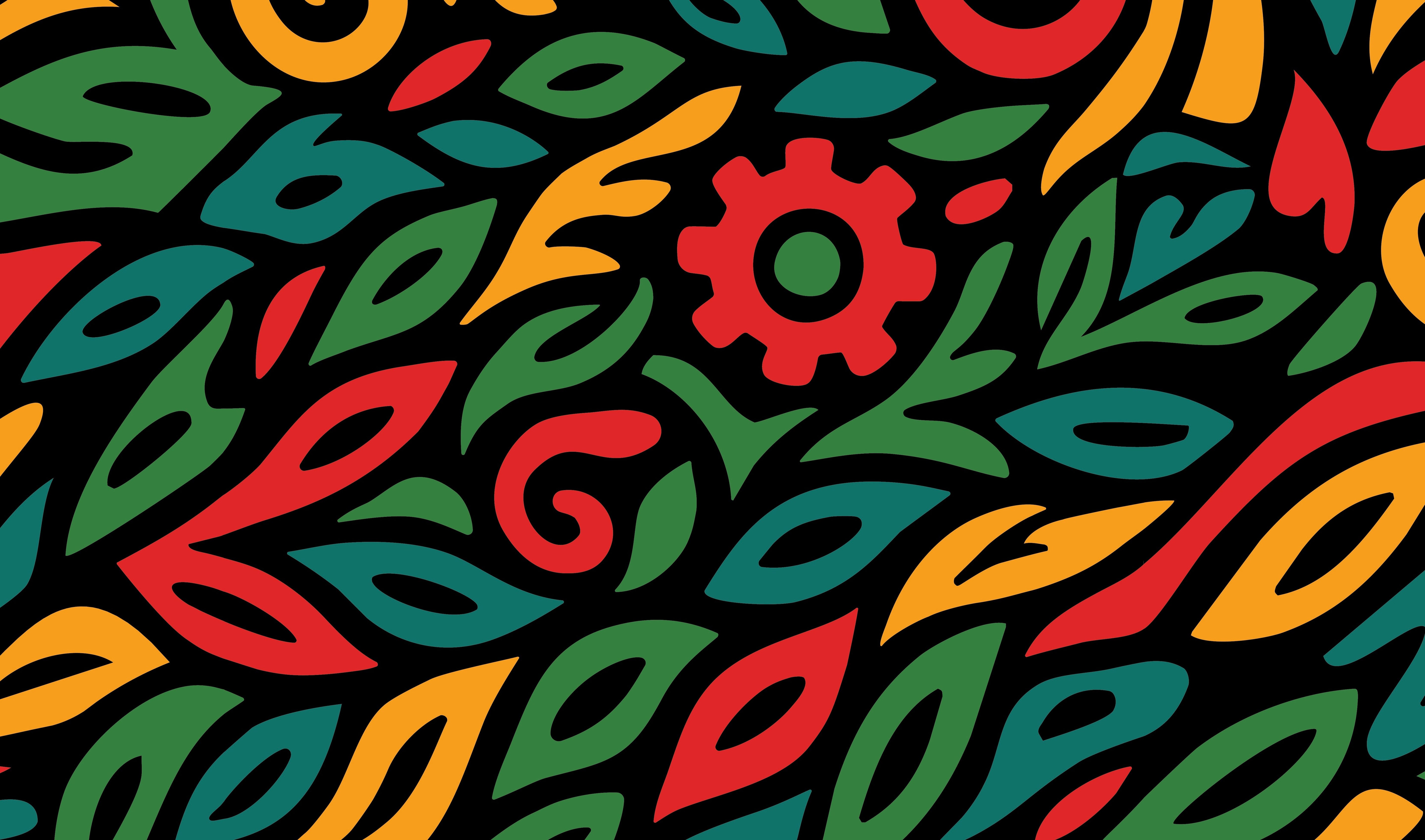 Colorful abstract pattern on a black background. Green, red, blue, yellow colored nature based pattern elements. 