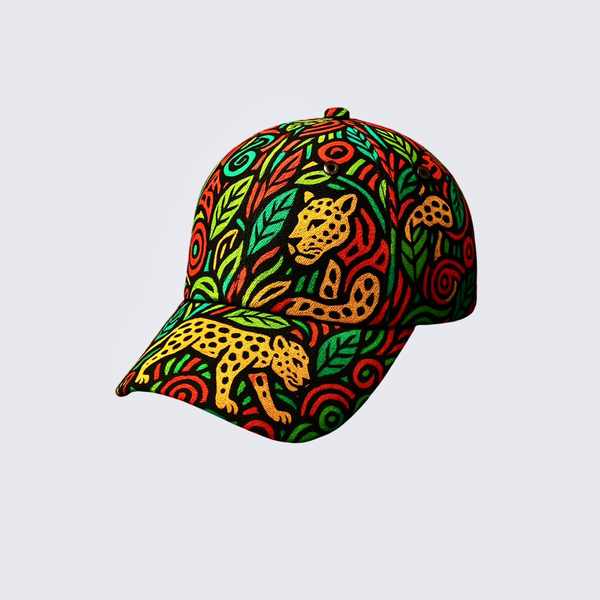 Colorful Jaguar Sol pattern cap with jaguar and floral patterns on a plain white background