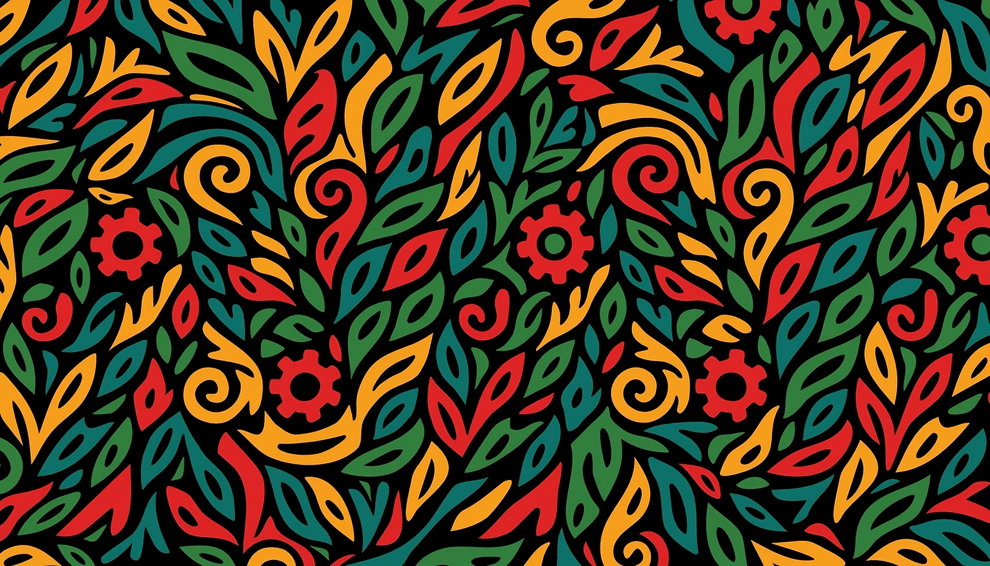 Colorful abstract nature based pattern with swirls and leaves on a black background. Original Jaguar Sol Pattern. Colors Red, Yellow, Green, Blue. 