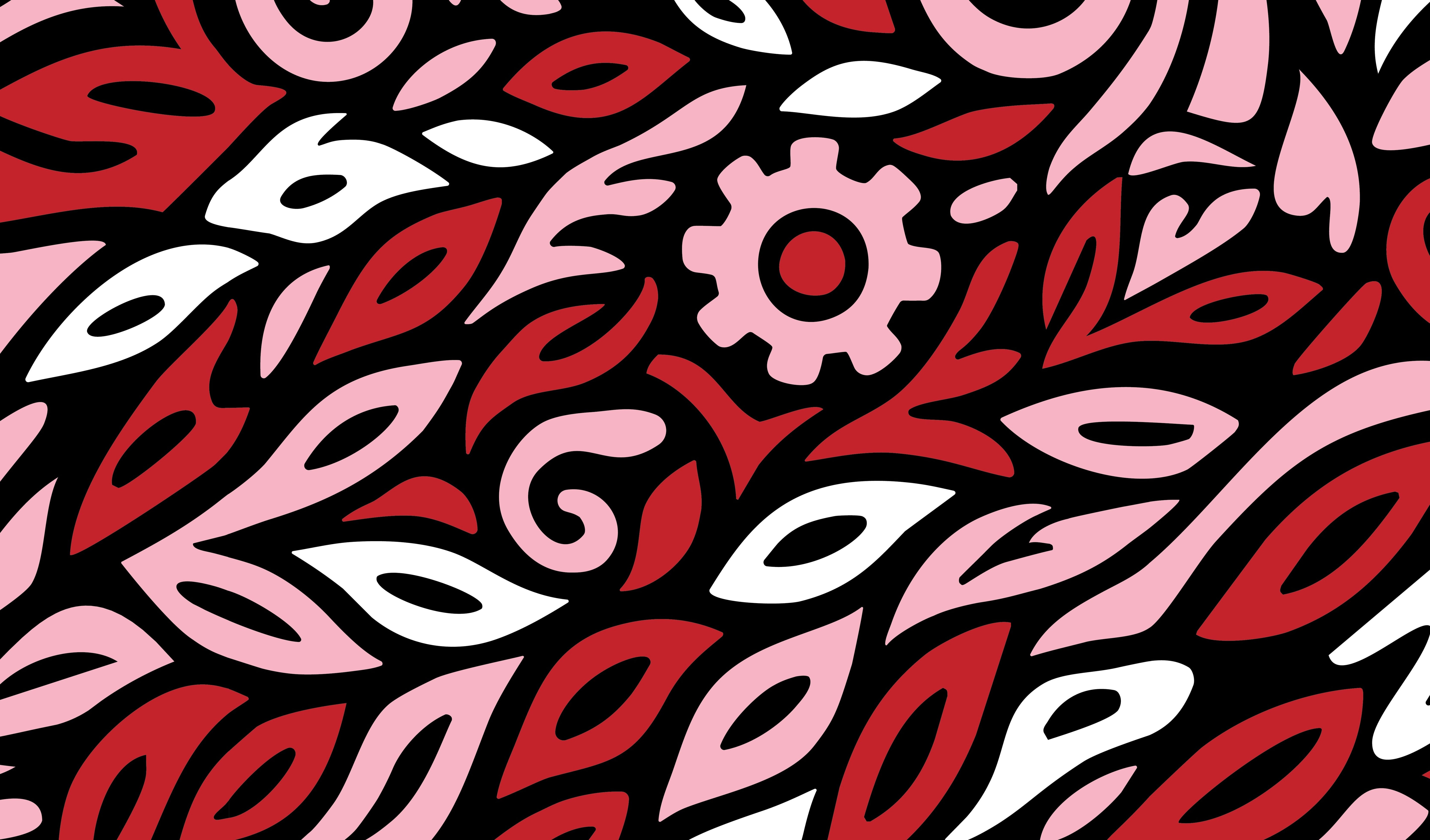 Japan cultural themed colorful abstract pattern with red, pink, and white shapes on a black background