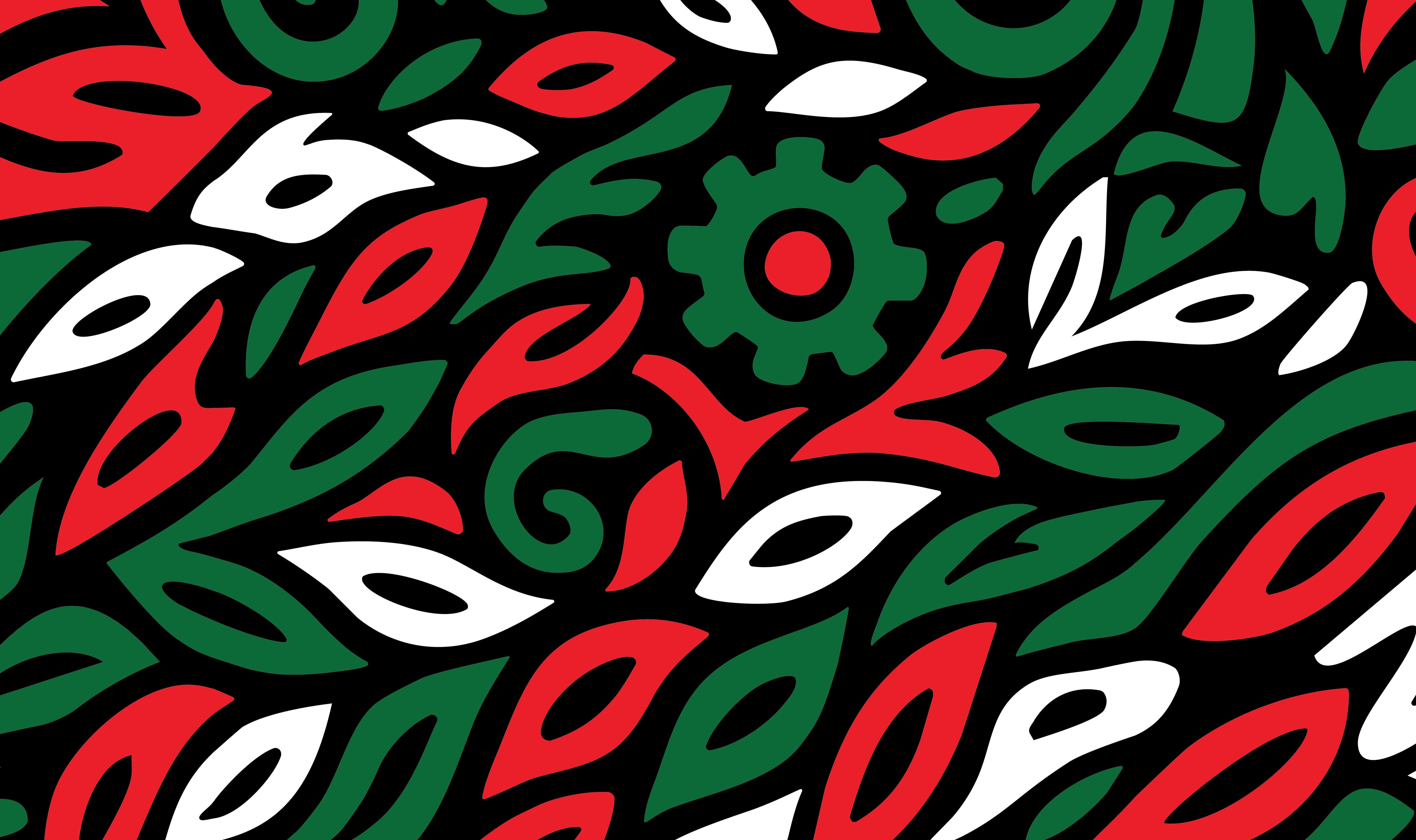 Mexico theme colored abstract nature based pattern of red, green, and white shapes on a black background.