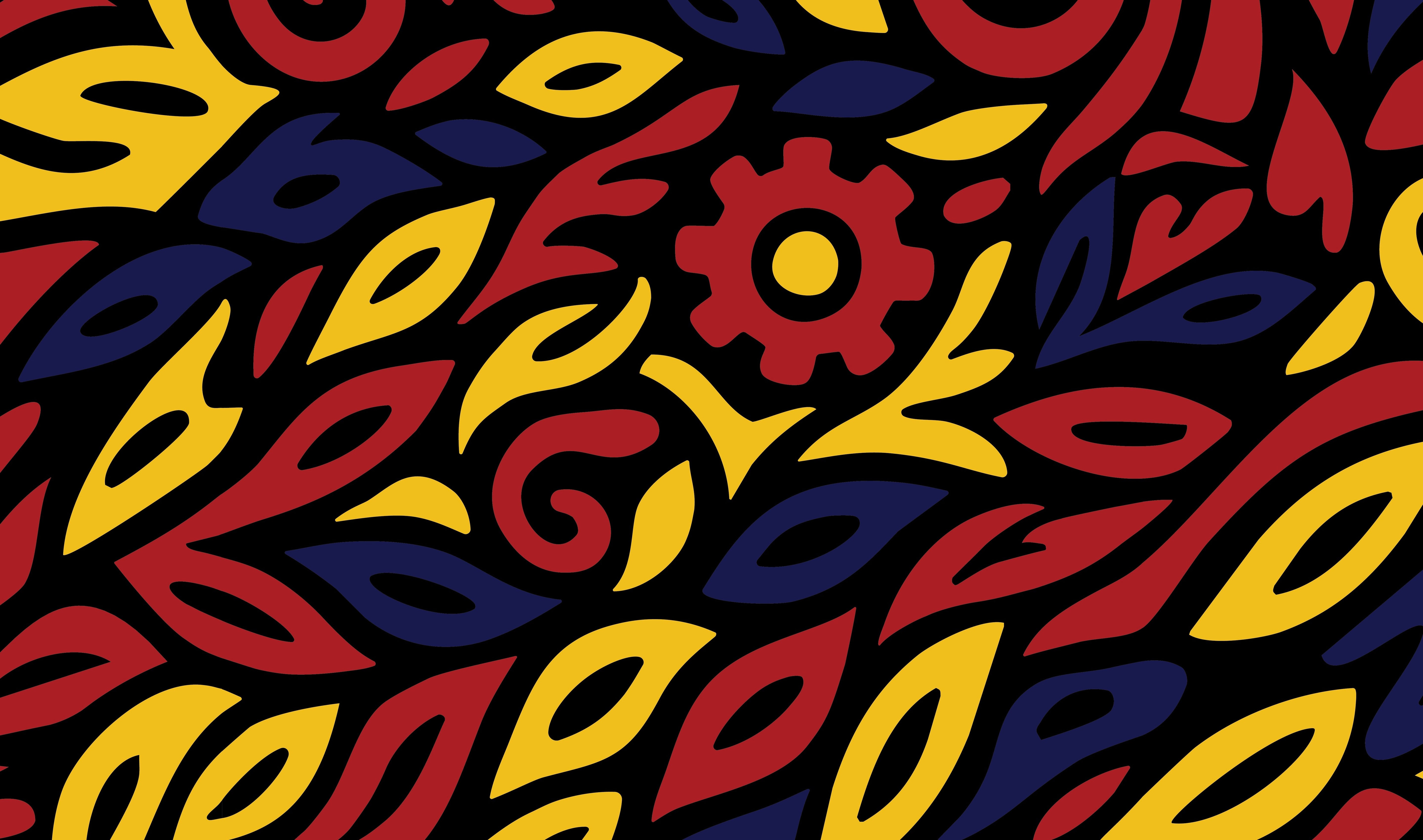 Spain cultural themed colorful abstract pattern with red, yellow, and blue shapes on a black background