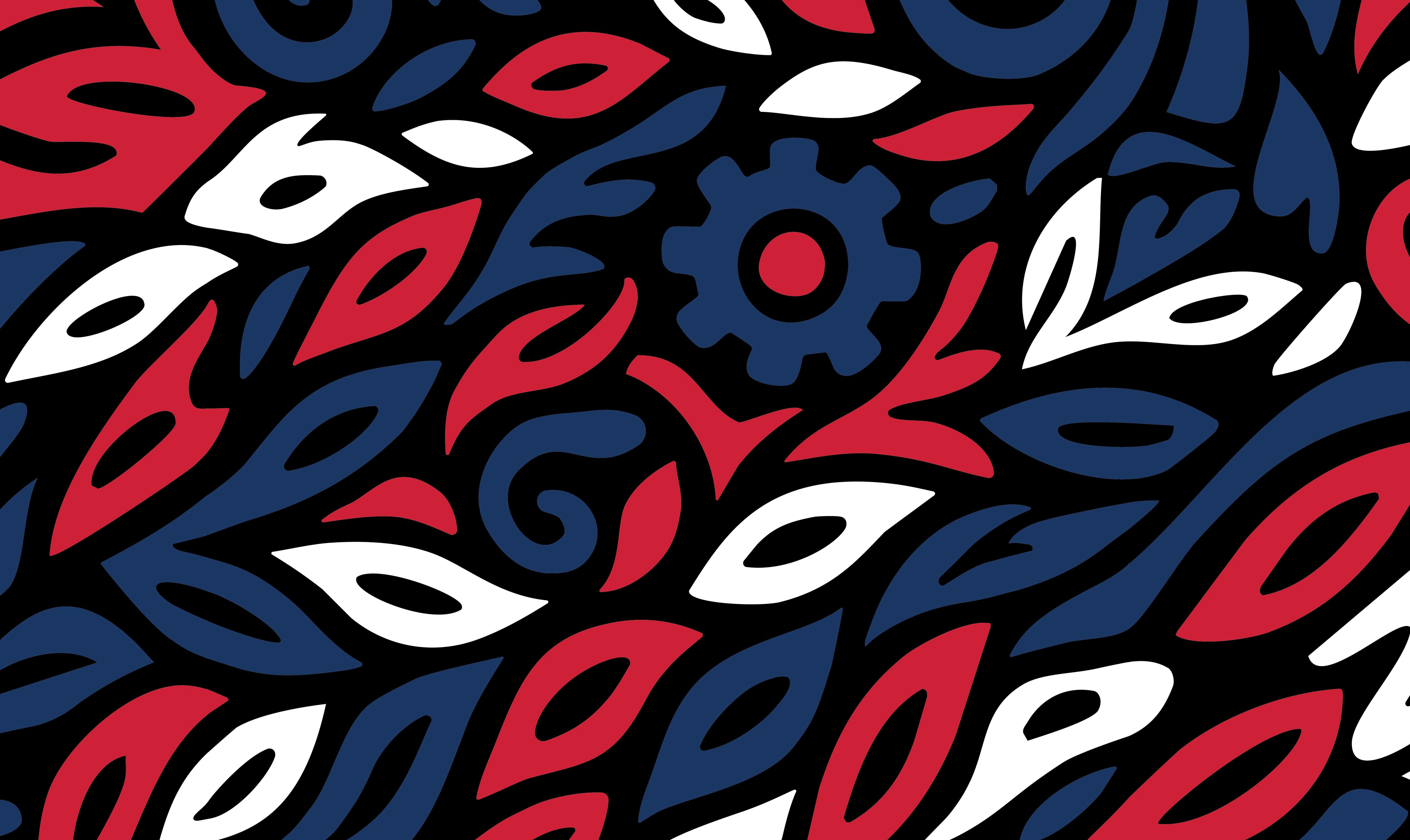 USA themed abstract pattern with red, blue, and white shapes on a black background
