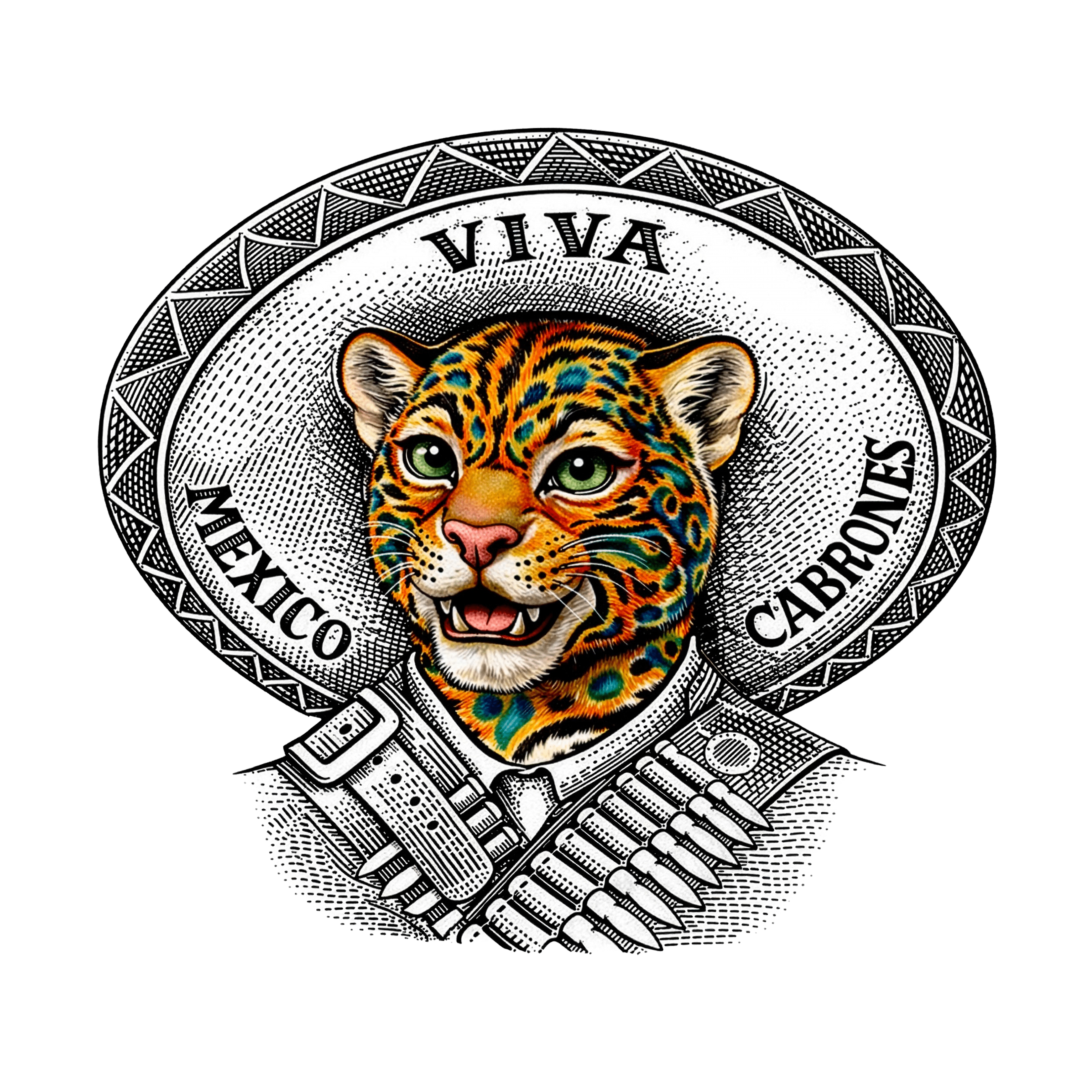 'Viva Mexico Cabrones' VMC Sombrero | Back - Print Graphic Tee - Jaguar Sol