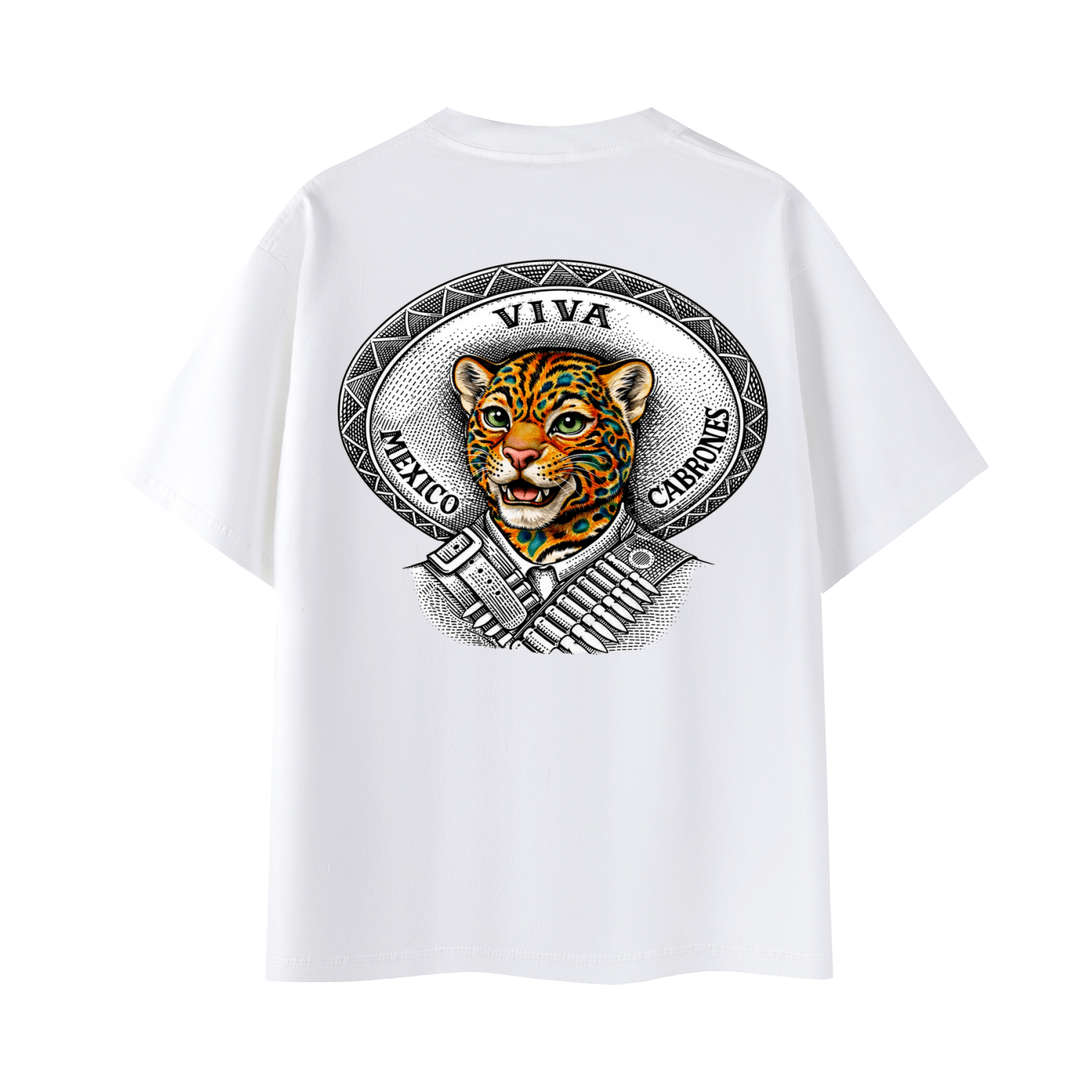 Viva Mexico Cabrones ‘VMC’ Sombrero | Back - Print Fitted Cultural Graphic Tee - Jaguar Sol