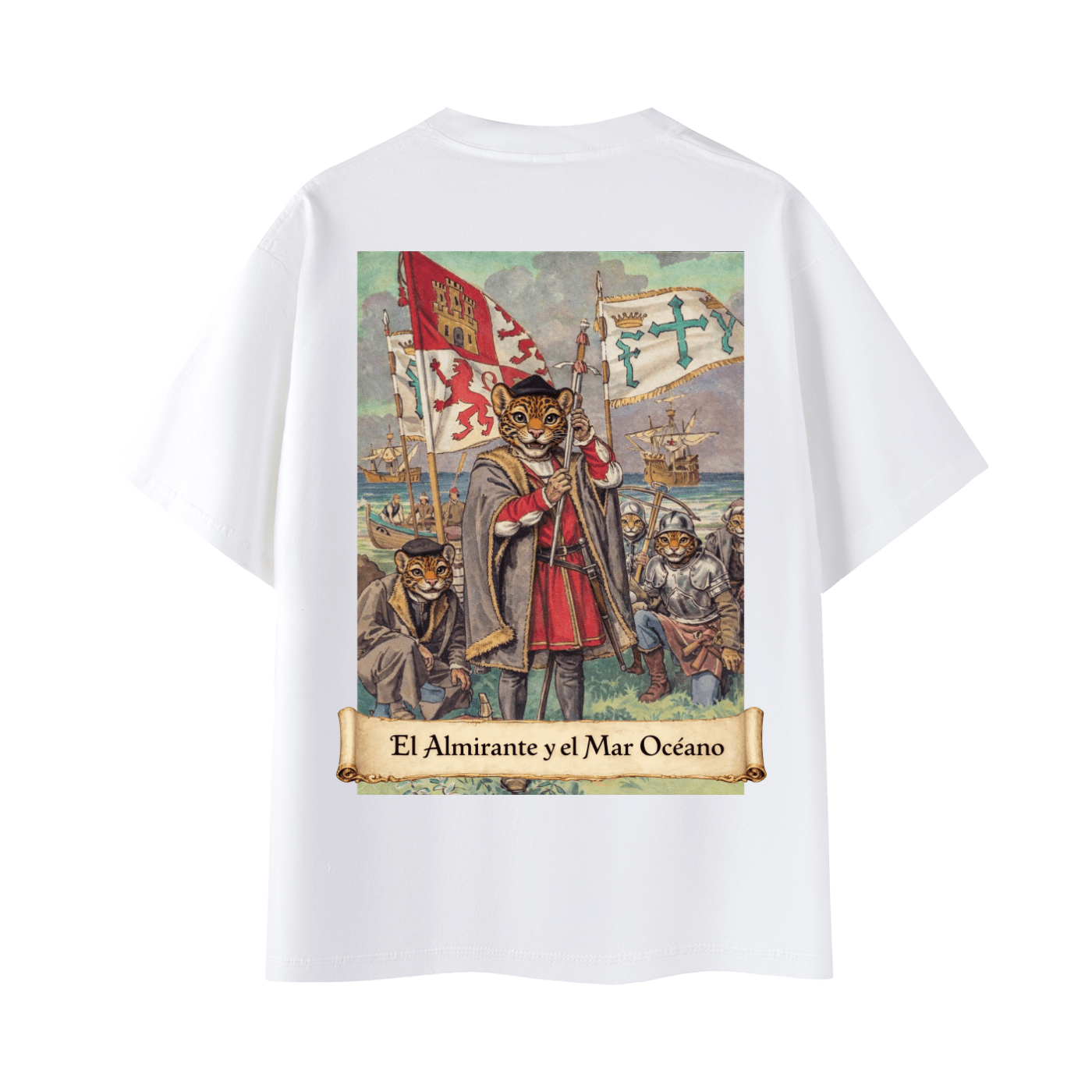 'El Almirante y el Mar Océano' Cristóbal Colón | Back - Print Fitted Cultural Graphic Tee - Jaguar Sol