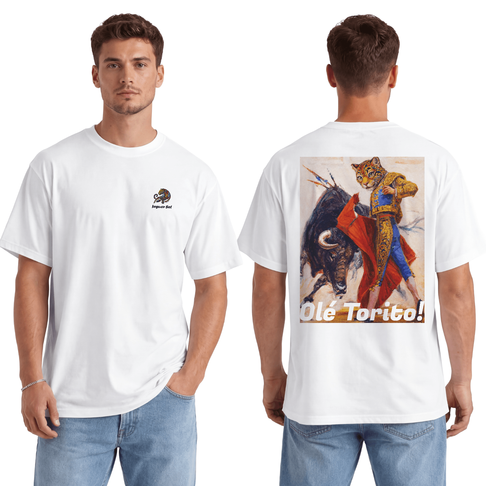 'Olé Torito!' Bullfighter Jaguar | Back - Print Fitted Cultural Graphic Tee - Jaguar Sol