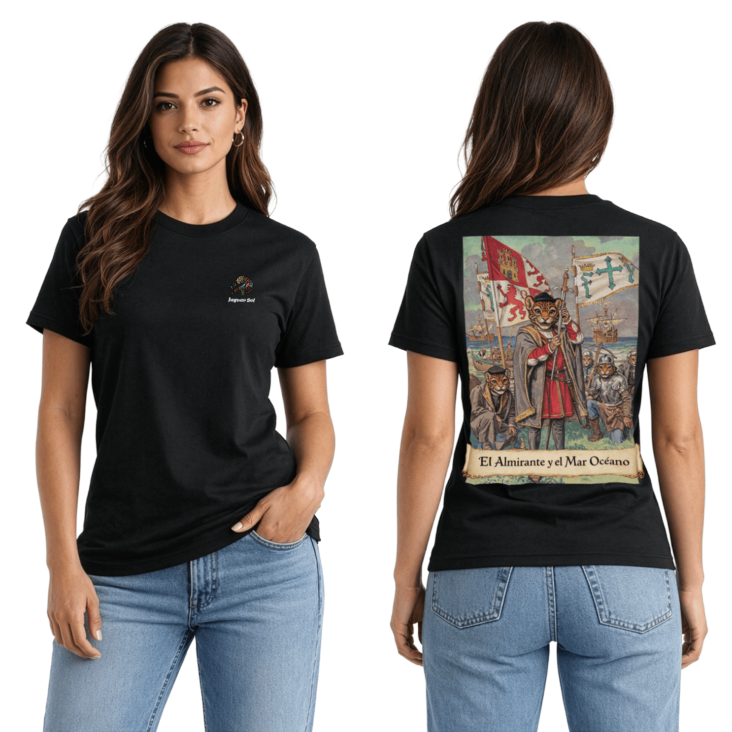 "El Almirante y el Mar Océano" Cristóbal Colón | Back - Print Fitted Cultural Graphic Tee - Jaguar Sol