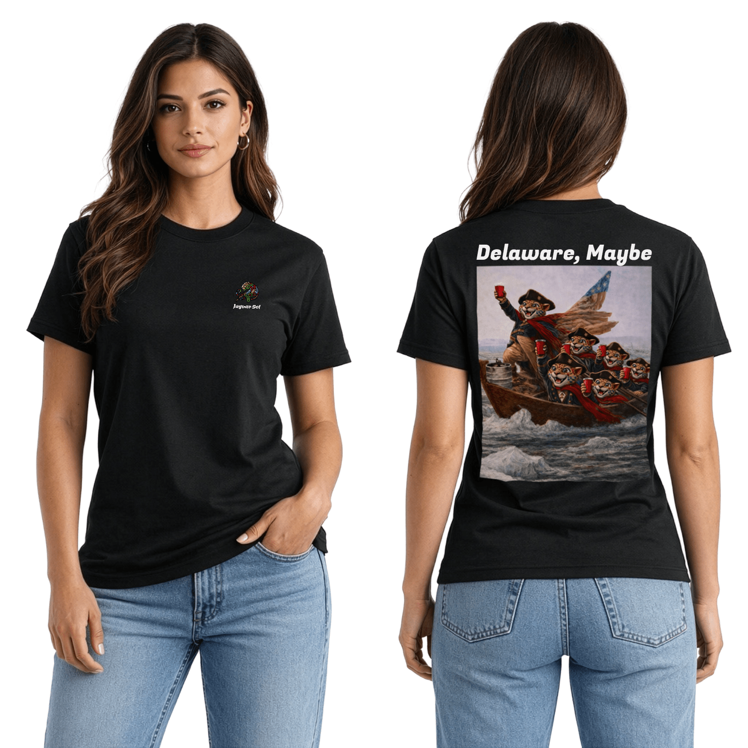 "Delaware, Maybe" George Washington River Crossing | Back - Print Fitted Cultural Graphic Tee - Jaguar Sol